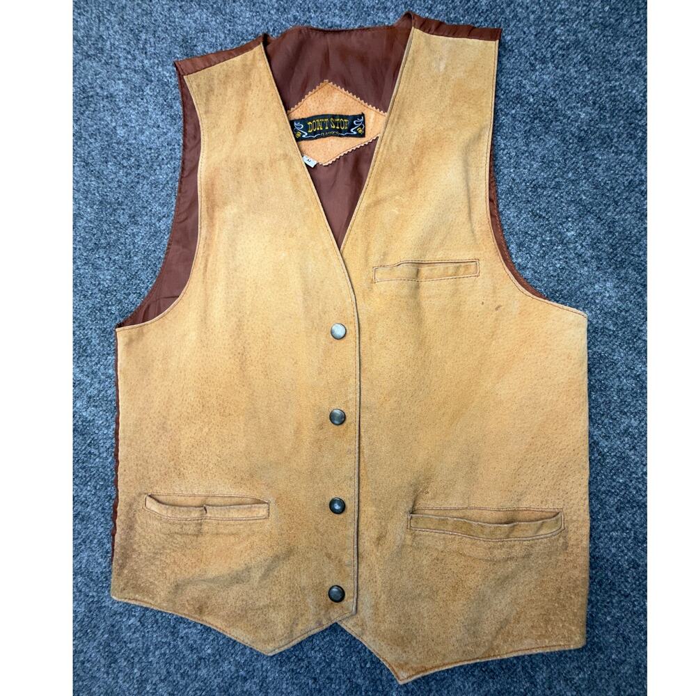 Vintage Suede Leather Western Vest Tan Snap Front Mens M